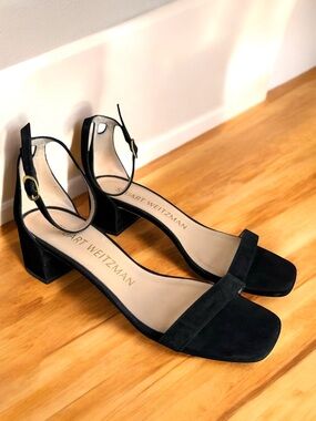 Stuart Weitzman Nudist Block Heel Sandals Black Suede